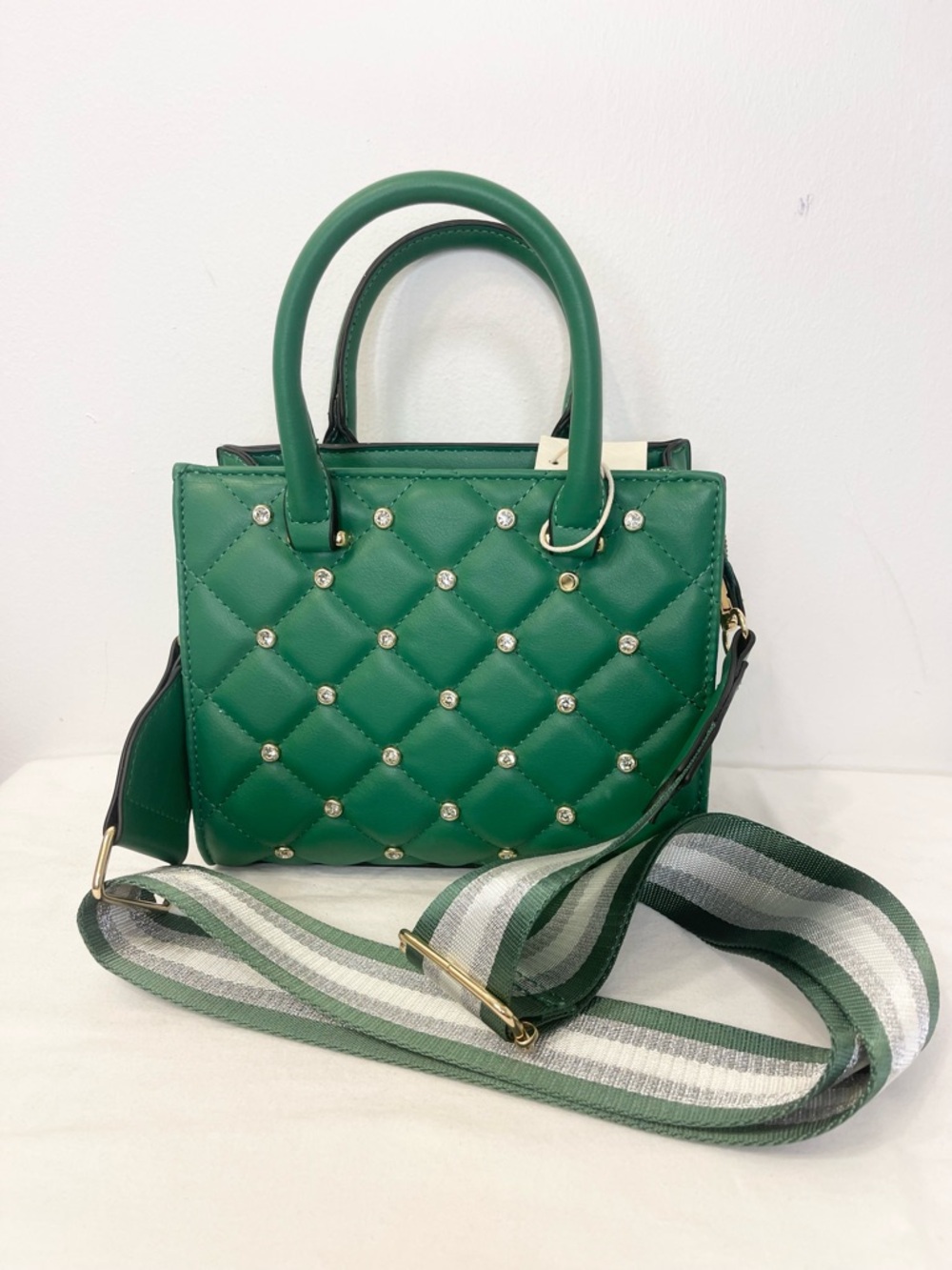 Kayla Ava Emerald Quilted Stud Satchel with Striped Crossbody Strap
